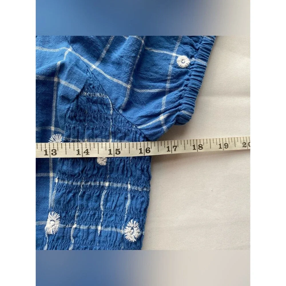 Madewell Hermitage Blue Embroidered Puff Sleeve Window Pane Crop Top 2